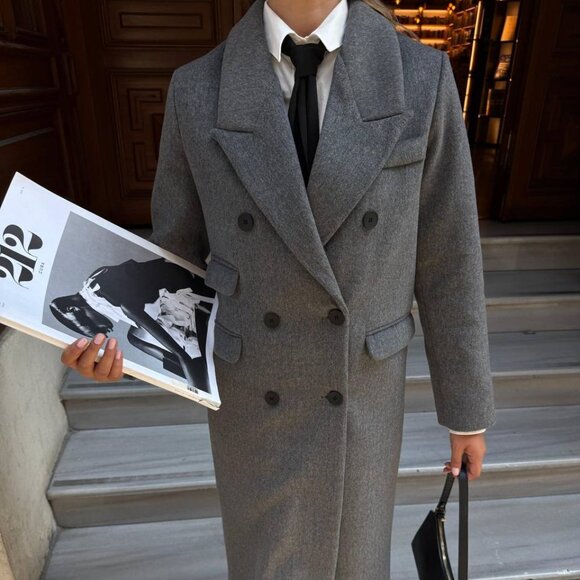 Gray Premium Wool Blend Long Coat - Picture 3 of 6